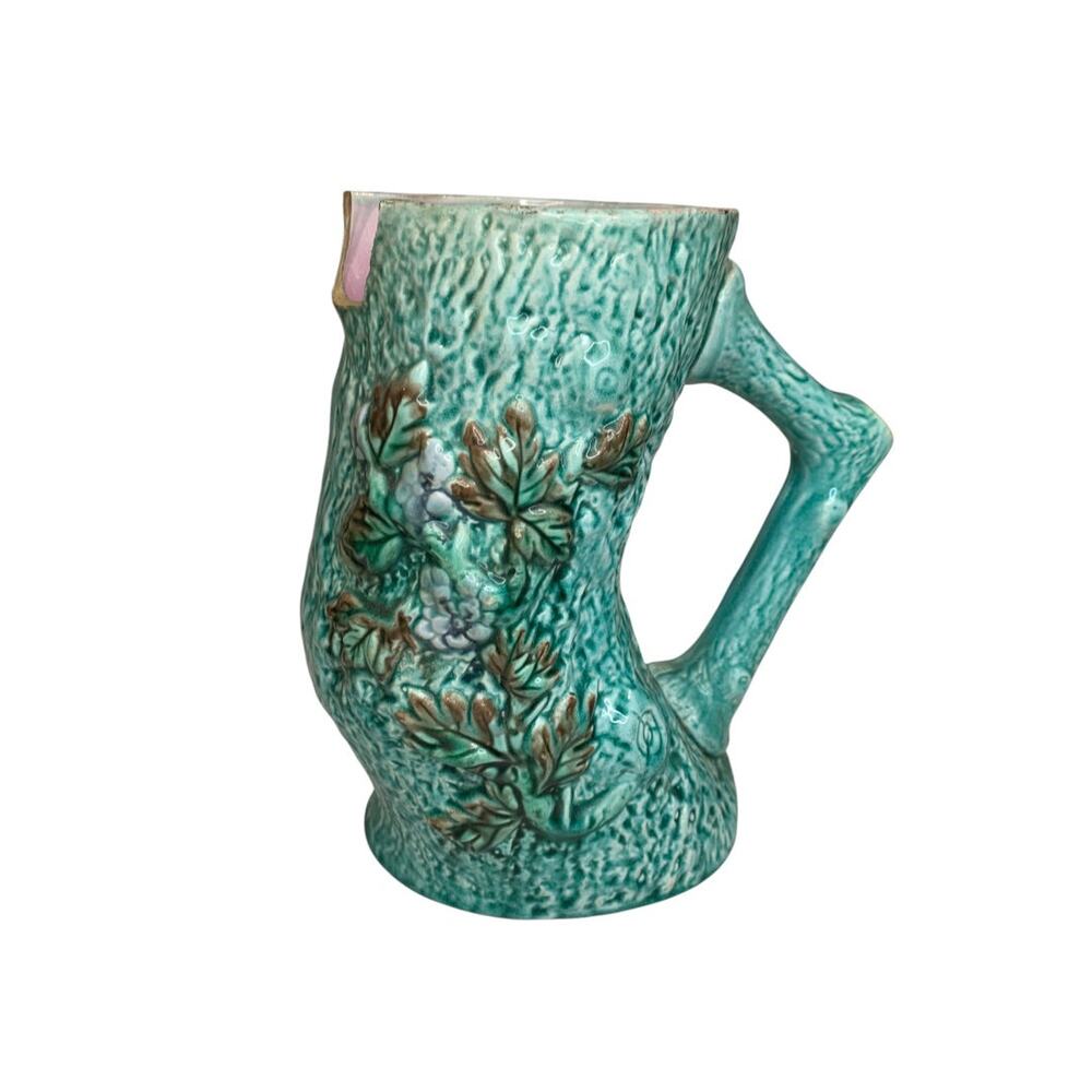 Antique Majolica Turquoise Adirondak Tree Trunk Pitcher Missing Spout